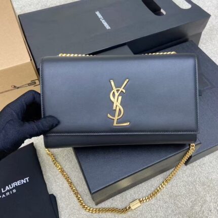 YSL Kate Chain Crossbody Bag Black Smooth Leather with Gold Logo